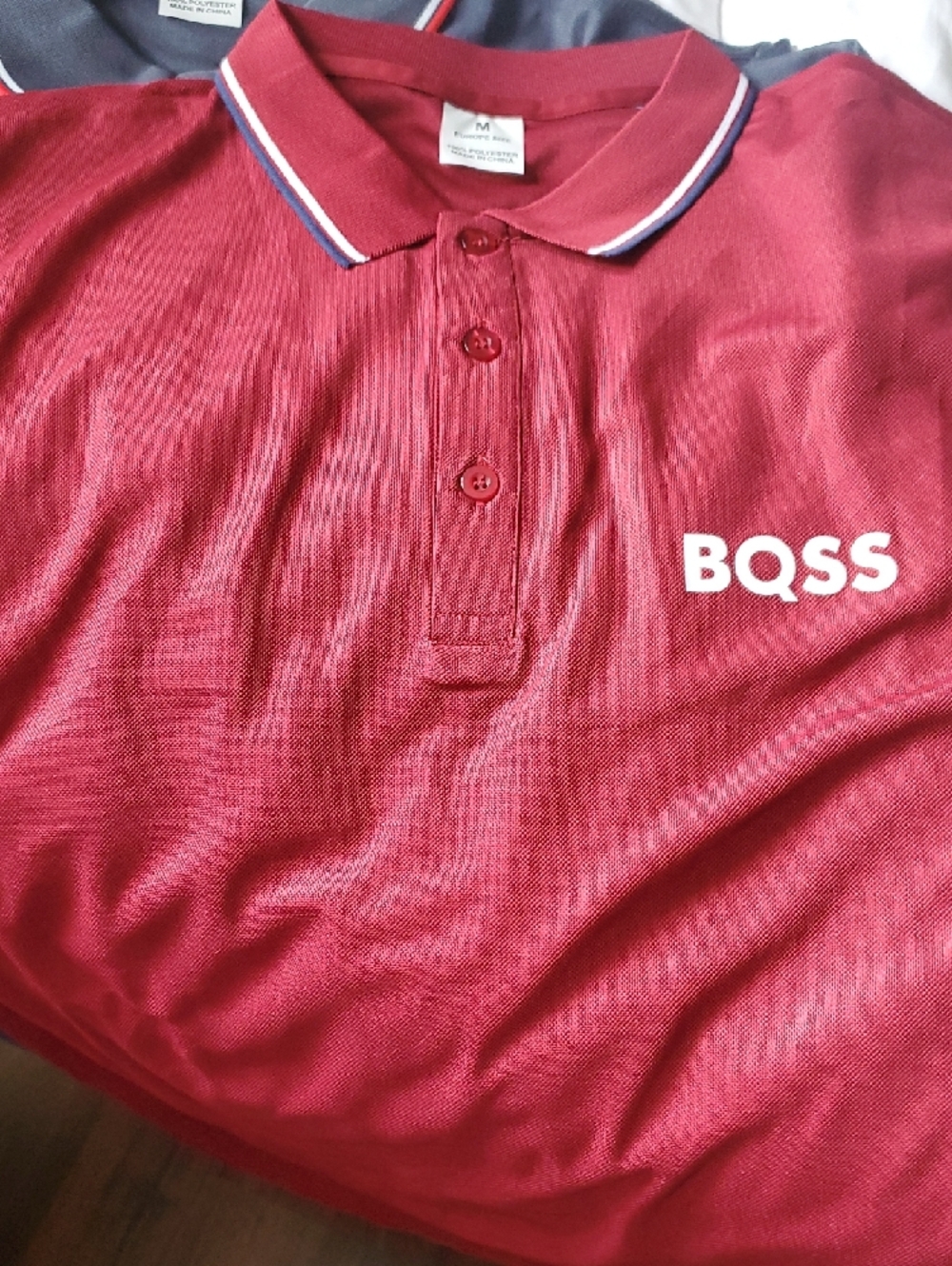 BQSS European Style Black, Burgundy, White And Blue Polo with Red-Trim Collar - Picture 6 of 9